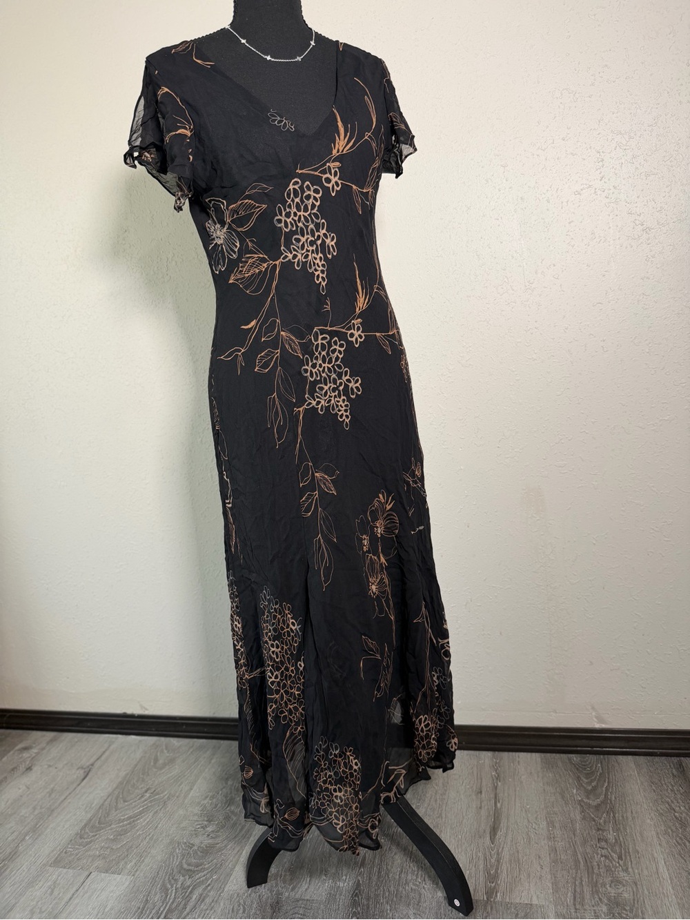 New York & Company Black Maxi Dress with Bronze Floral Print